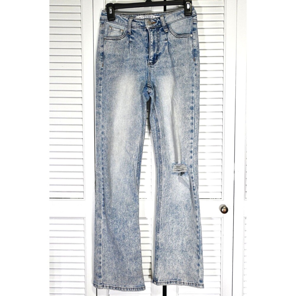 Tinselton Women Jeans Size 3 Blue Distressed Flare High Rise Acid Wash Denim